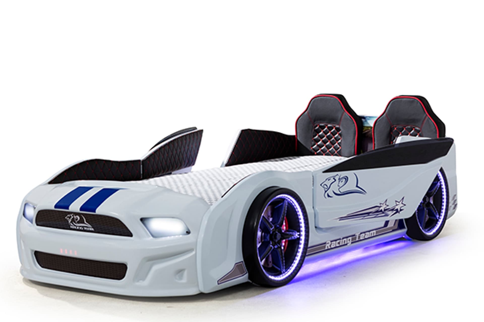 MUSTANG ARABALI FULL LEDLİ KUMANDALI MÜZİKLİ YATAK, BEYAZ