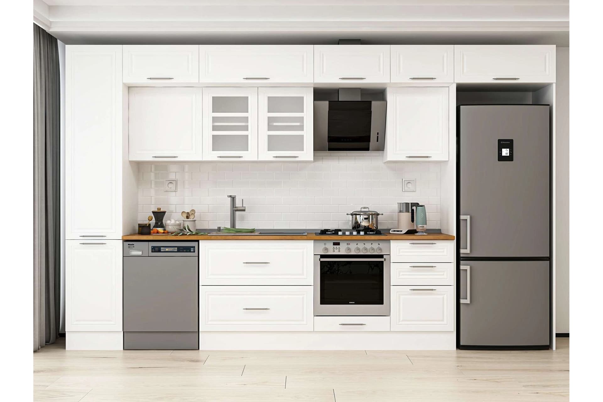 ALVİNKA 375X240 CM KLASİK MEBRAN MUTFAK DOLABI, MBB E80B45S50 3 MEBRAN BEYAZ SUNTALAM