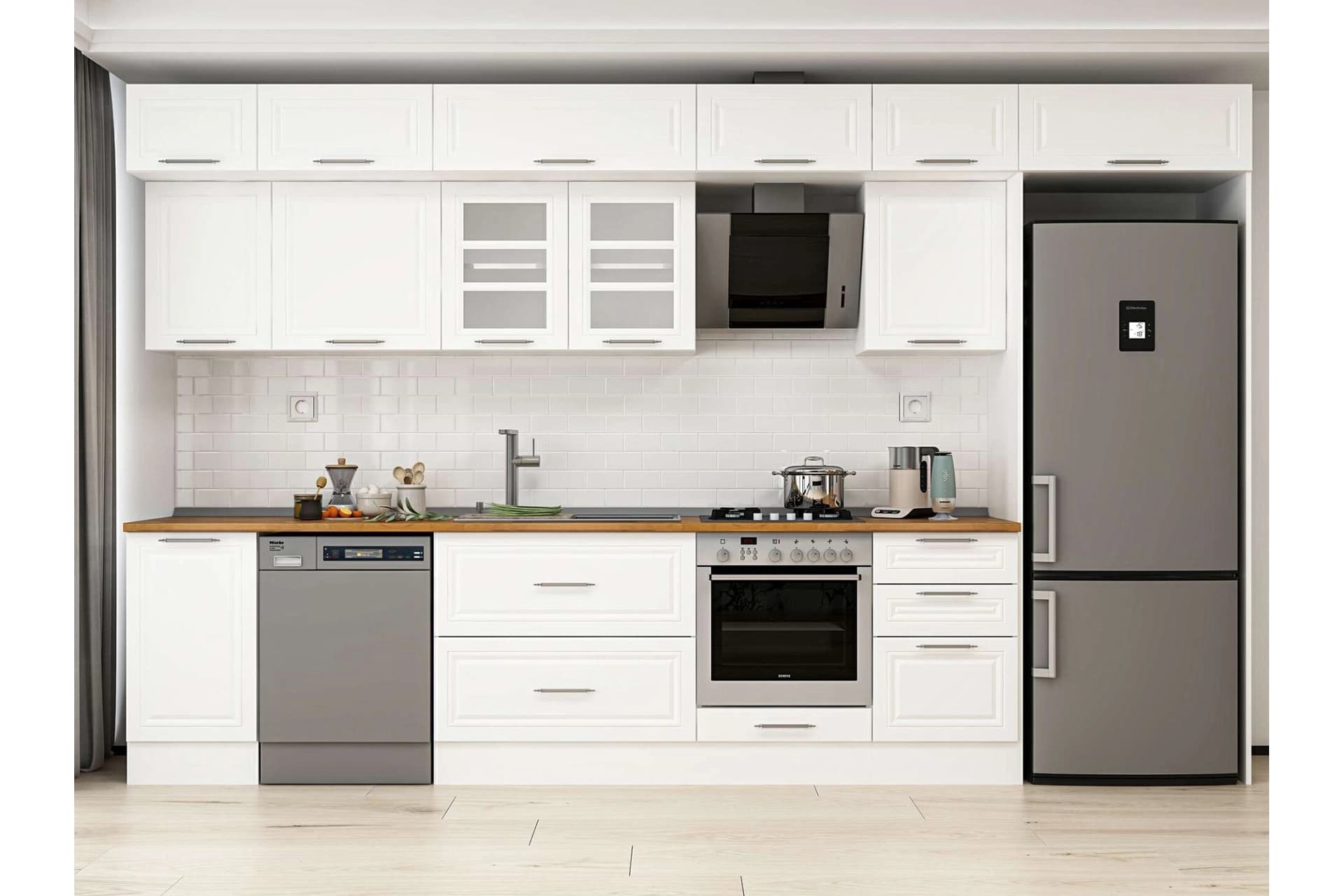 ALVİNKA 385X240 CM KLASİK MEBRAN MUTFAK DOLABI, MB E90S45S50 3 MEBRAN BEYAZ SUNTALAM