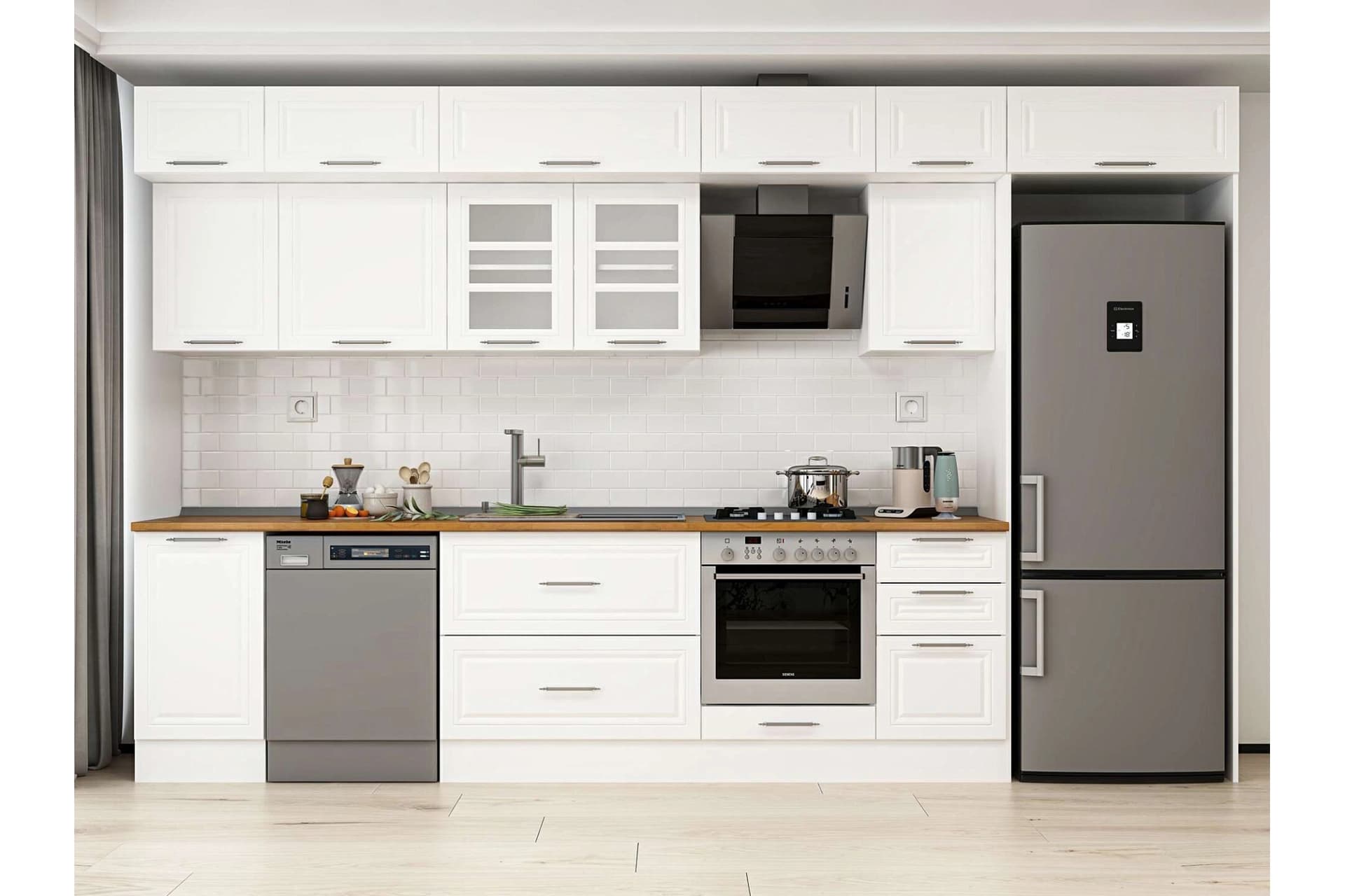 ALVİNKA 380X240 CM KLASİK MEBRAN MUTFAK DOLABI, MB E90S45S45 3 MEBRAN BEYAZ SUNTALAM