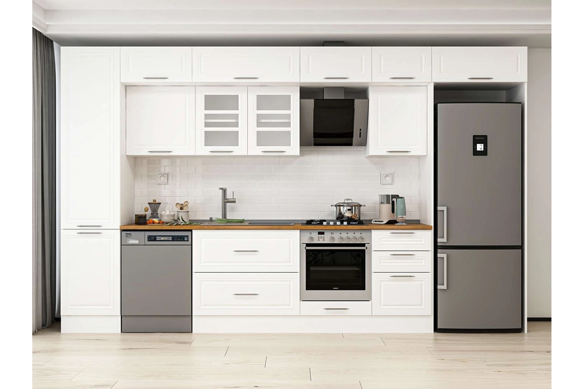 ALVİNKA 390X240 CM KLASİK MEBRAN MUTFAK DOLABI, MBB E90B50S50 3 MEBRAN BEYAZ SUNTALAM