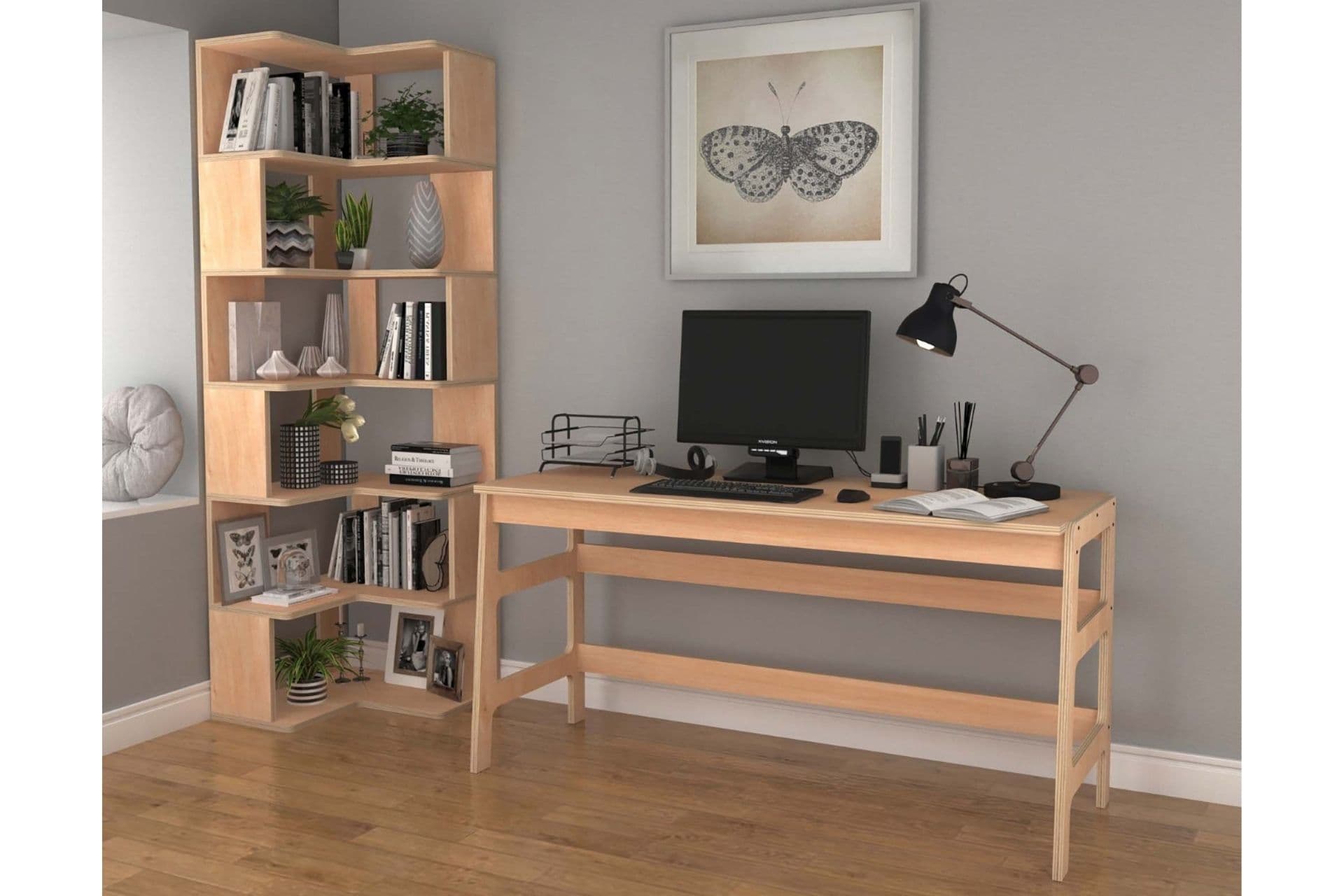 BOHEM AHŞAP KÖŞE KİTAPLIK VE ÇALIŞMA MASASI TAKIMI, NATURAL RENK