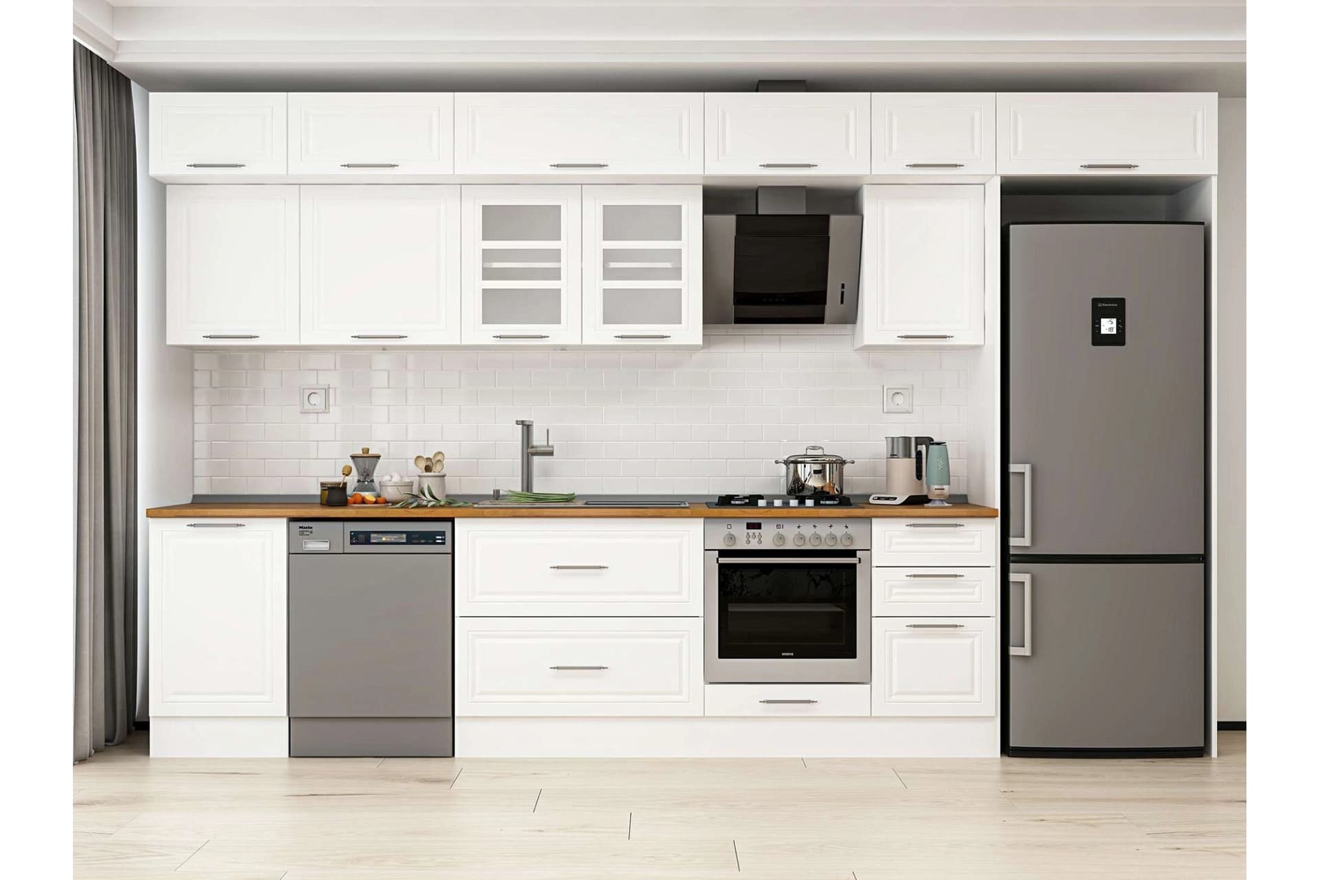 ALVİNKA 385X240 CM KLASİK MEBRAN MUTFAK DOLABI, MB E90S50S45 3 MEBRAN BEYAZ SUNTALAM