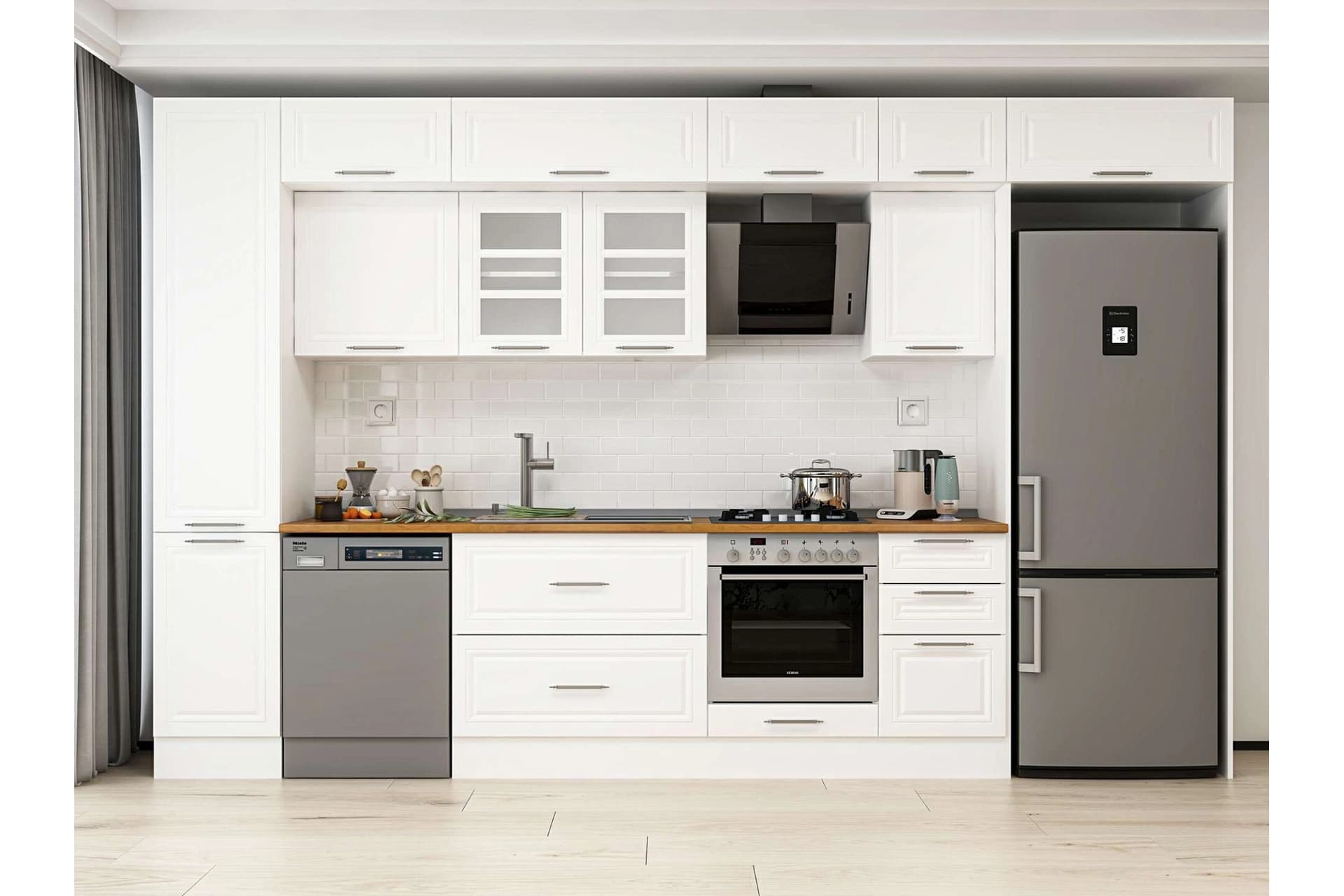 ALVİNKA 380X240 CM KLASİK MEBRAN MUTFAK DOLABI, MBB E90B45S45 3 MEBRAN BEYAZ SUNTALAM