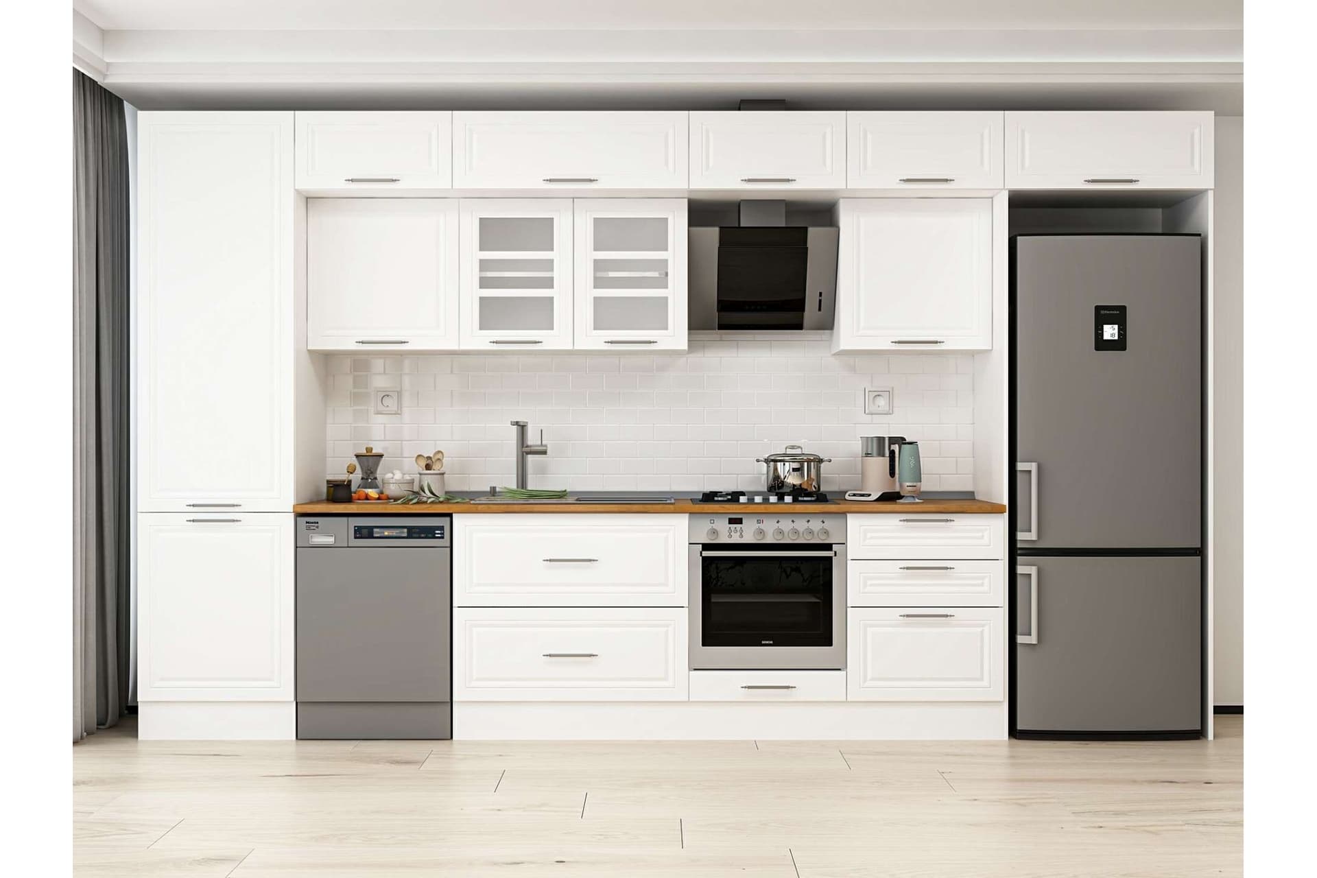ALVİNKA 410X240 CM KLASİK MEBRAN MUTFAK DOLABI, MBB E90B60S60 3 MEBRAN BEYAZ SUNTALAM