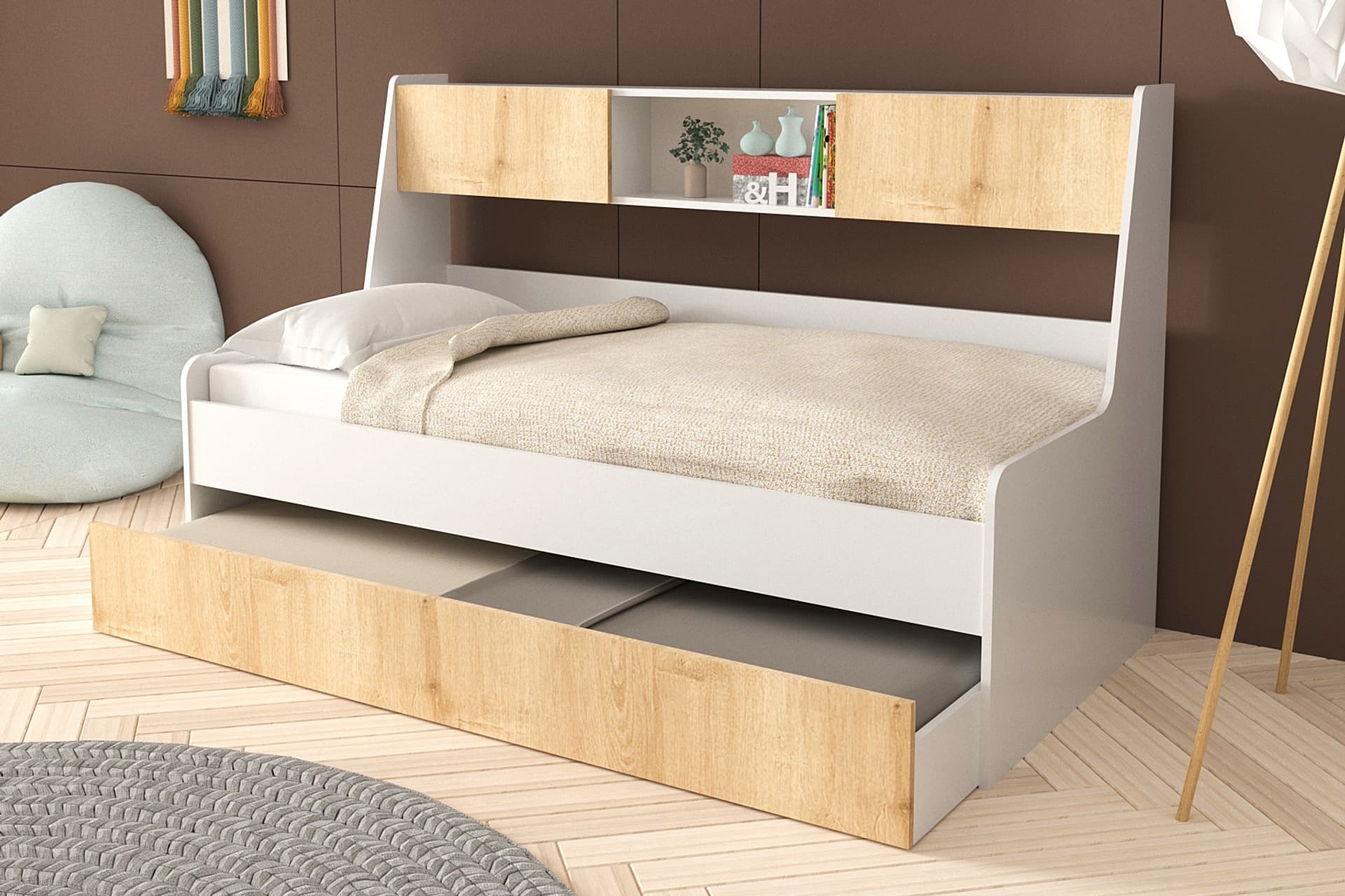 VİYOLE KAPAKLI KİTAPLIKLI, YAVRULU KARYOLA, AÇIK CEVİZ BEYAZ