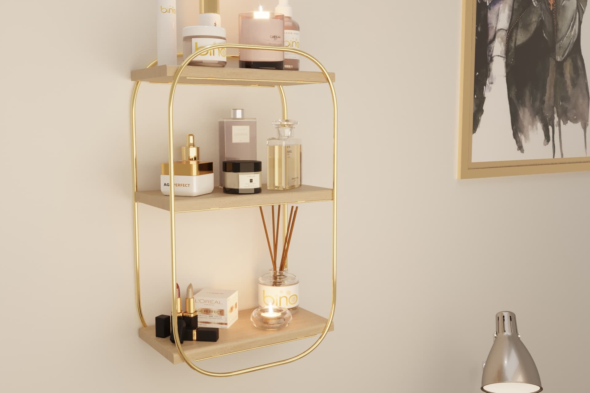 BİNO OVAL AHŞAP BANYO MUTFAK RAFI, GOLD