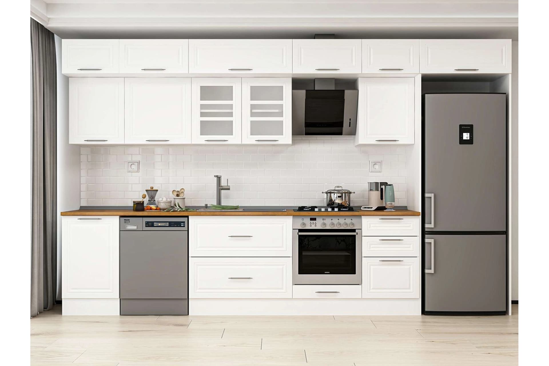 ALVİNKA 390X240 CM KLASİK MEBRAN MUTFAK DOLABI, MB E90S50S50 3 MEBRAN BEYAZ SUNTALAM