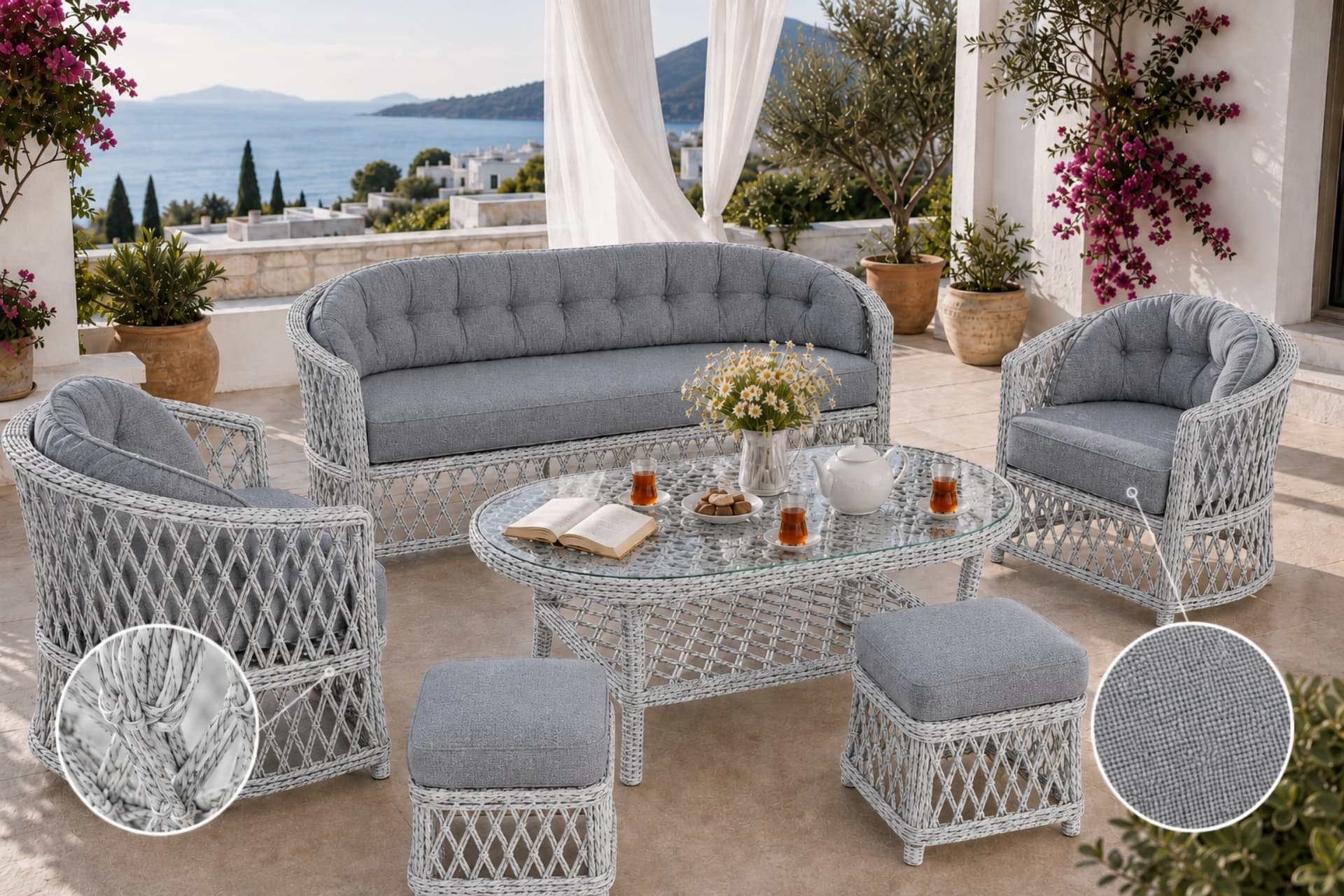 BODRUM RATTAN BAHÇE BALKON OTURMA GRUBU, 5 KİŞİLİK, GRİ