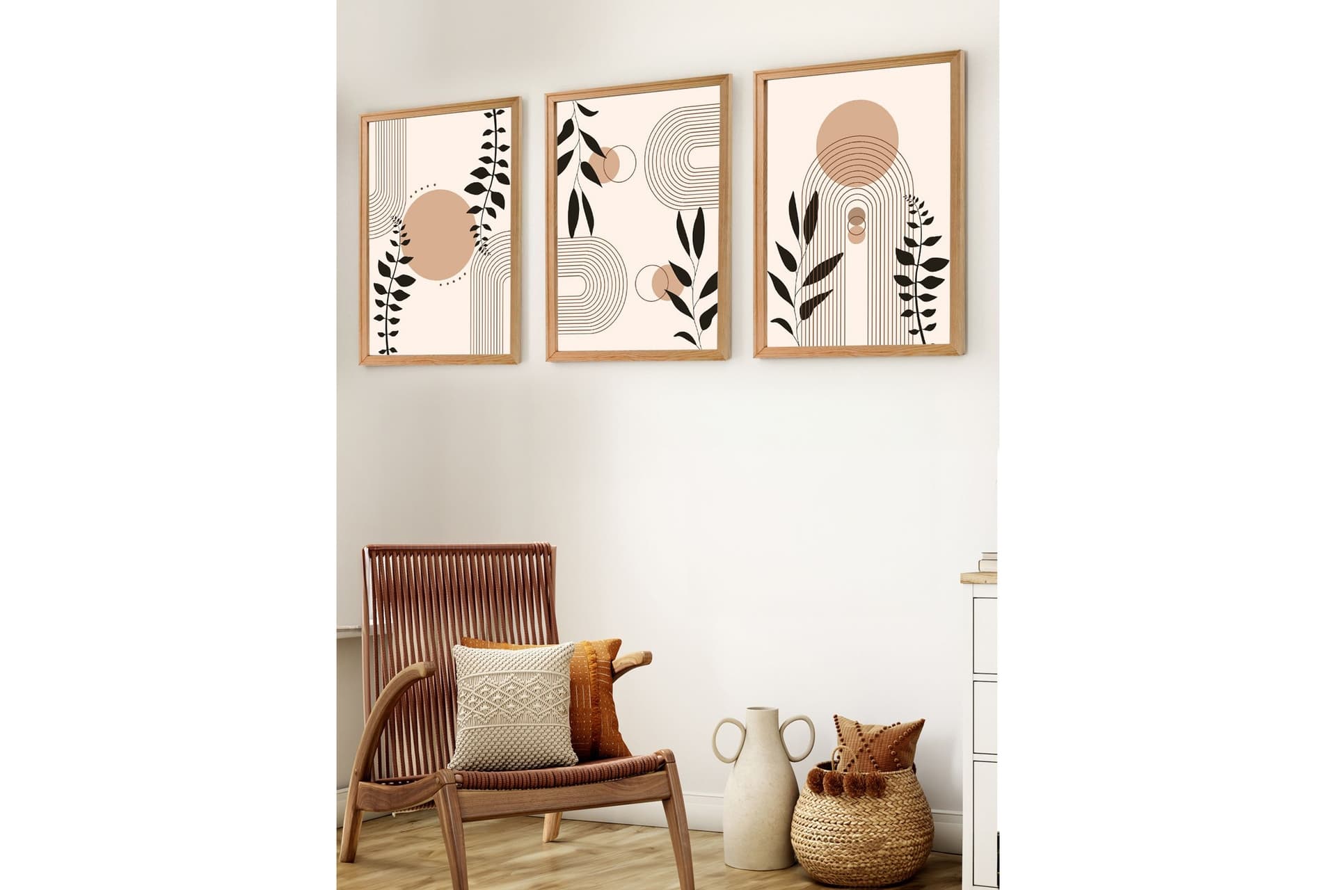 PREMİUM AHŞAP ÇERÇEVELİ ÜÇLÜ İSKANDİNAV BOHEM TABLO SETİ, SET1, 50X35