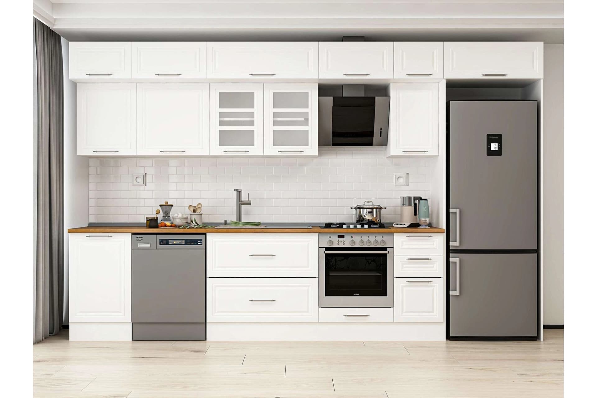 ALVİNKA 370X240 CM KLASİK MEBRAN MUTFAK DOLABI, MB E80S50S40 3 MEBRAN BEYAZ SUNTALAM
