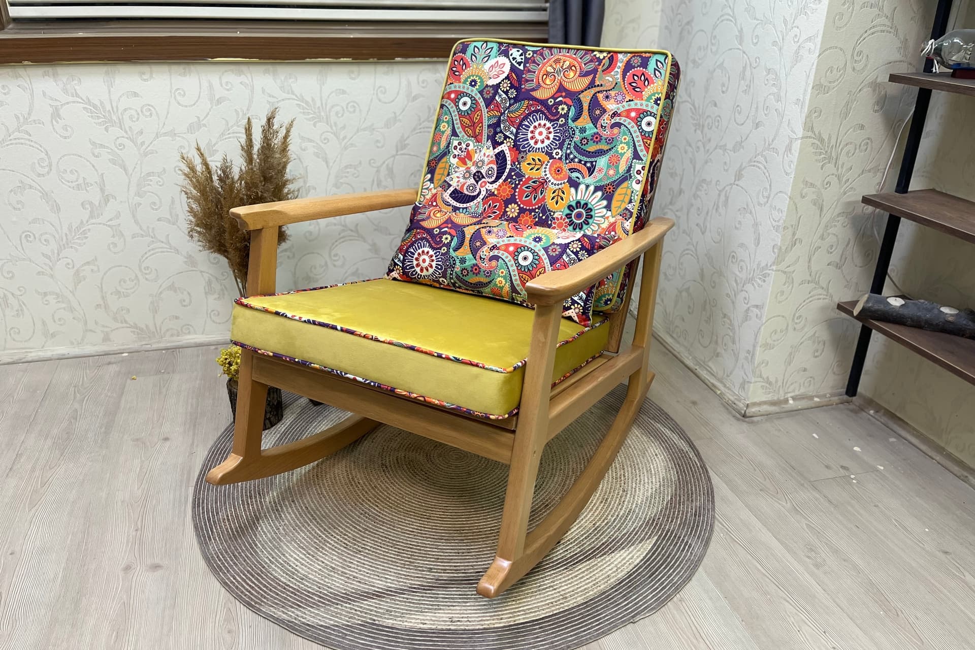 İSKANDİNAV PUFLU SALLANAN SANDALYE, RETRO, NATUREL AYAK
