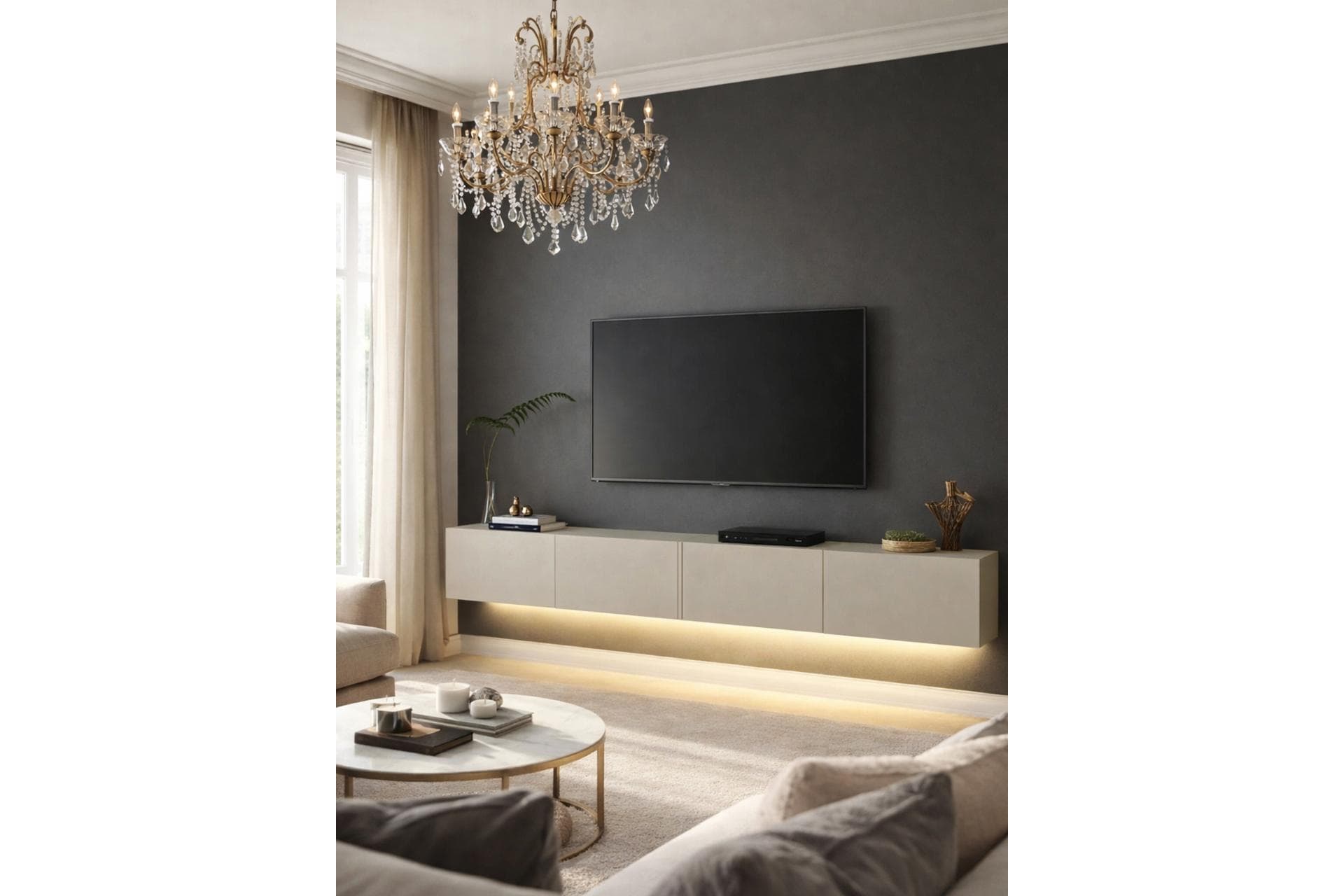 LEDLİ DUVARA MONTE TV ÜNİTESİ, KUMTAŞI, 240 CM