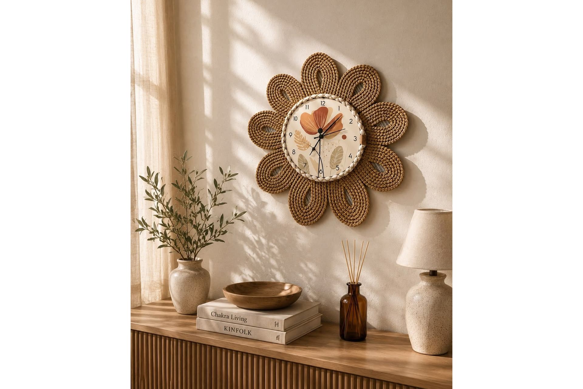 ÇİÇEK TASARIMLI SESSİZ MEKANİZMALI DUVAR SAATİ, 55 CM