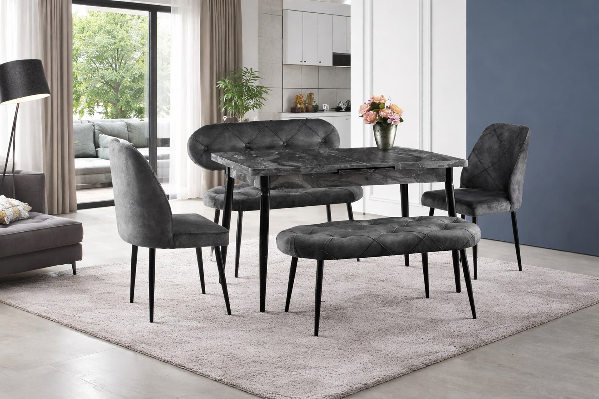 AY MASA VE SANDALYE BENCH TAKIMI, GRİ SİYAH, 120X70