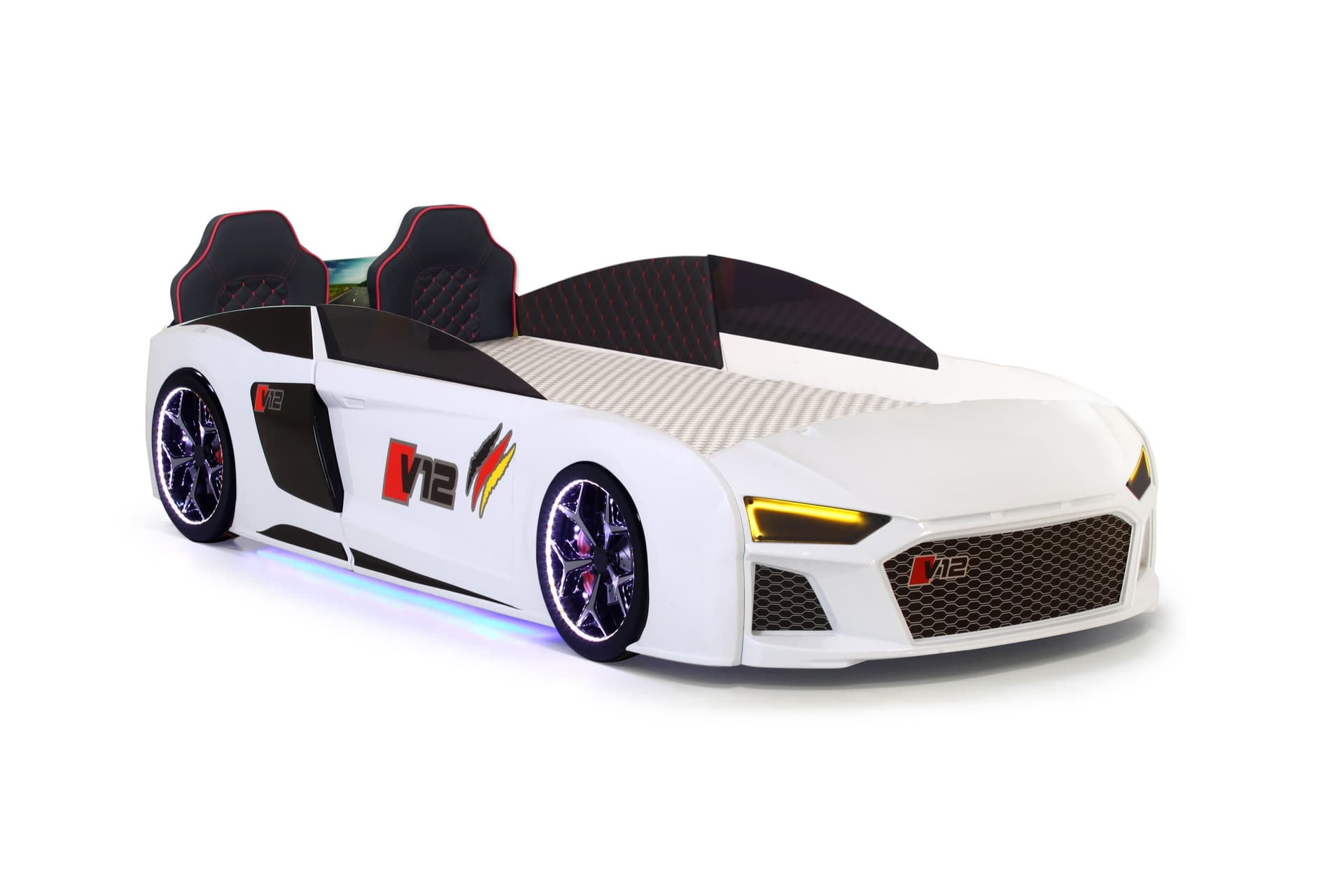 AUDİ FULL LEDLİ KUMANDALI VE MÜZİKLİ ARABALI YATAK, BEYAZ