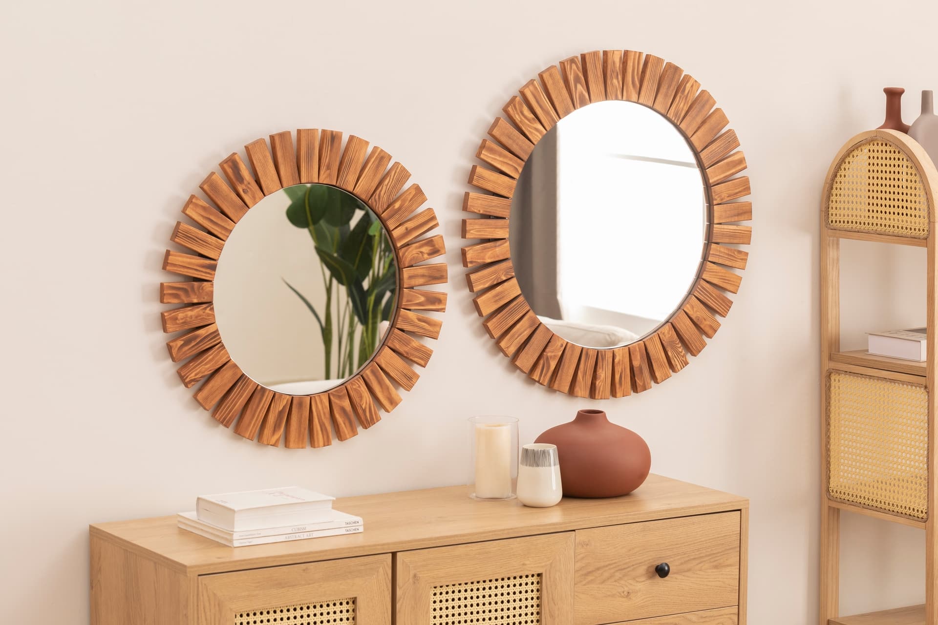 DFN WOOD İKİLİ YUVARLAK DEKORATİF DUVAR AYNASI, 60X60