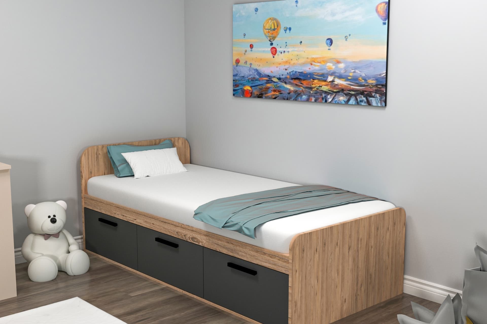 AKSER TEK KİŞİLİK KARYOLA, ATLANTİK ÇAM ANTRASİT, 90X190