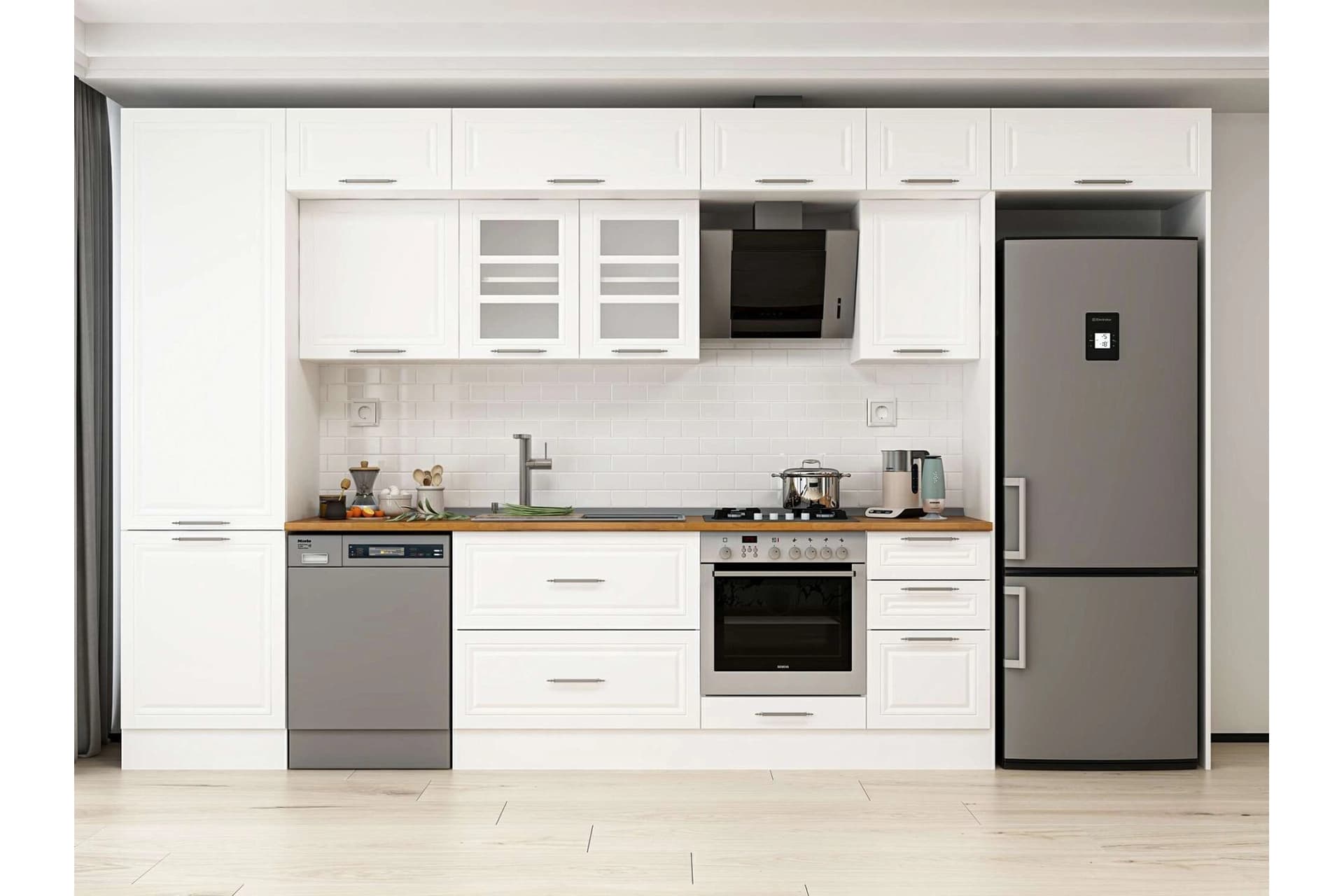 ALVİNKA 395X240 CM KLASİK MEBRAN MUTFAK DOLABI, MBB E90B60S45 3 MEBRAN BEYAZ SUNTALAM