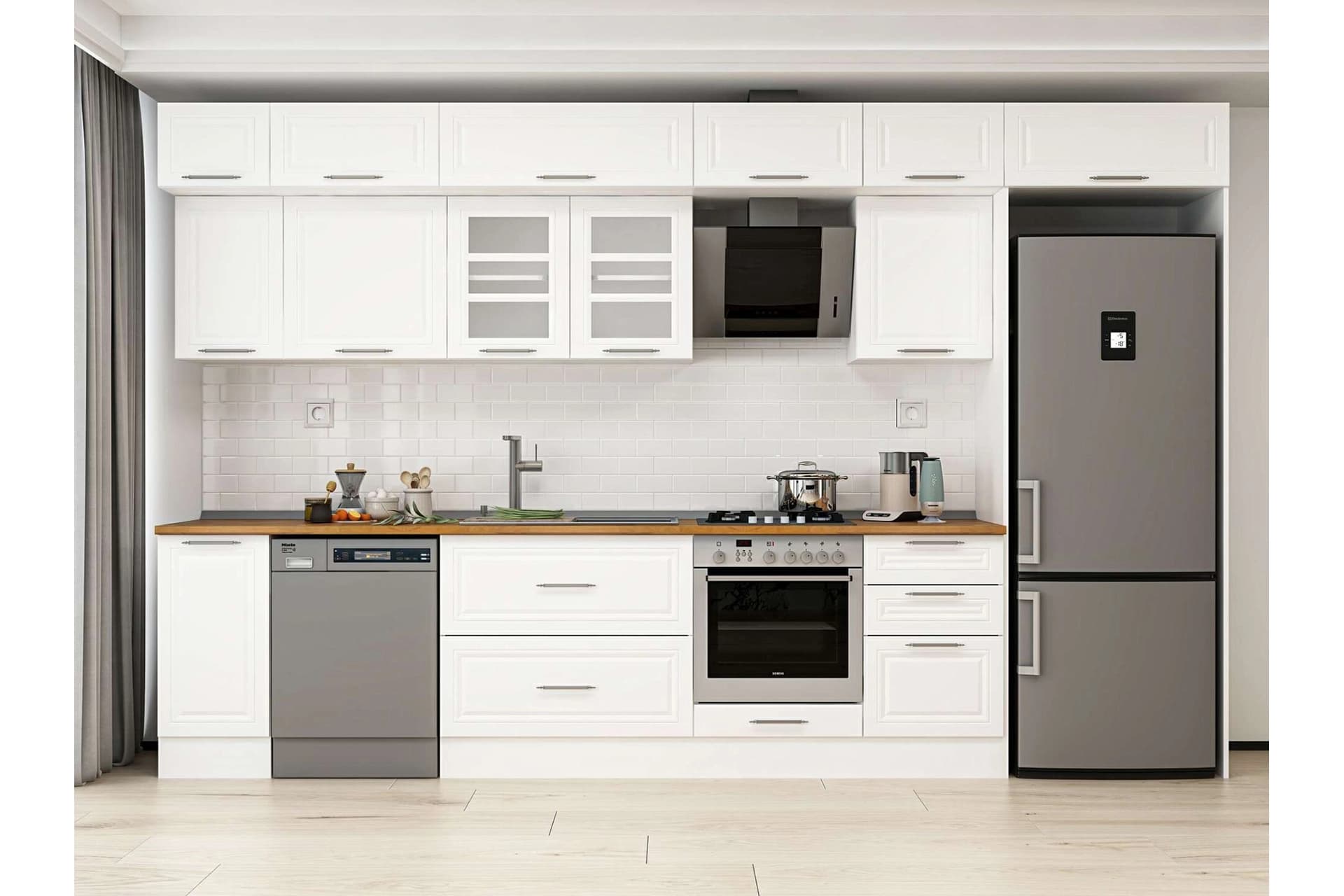 ALVİNKA 380X240 CM KLASİK MEBRAN MUTFAK DOLABI, MB E90S40S50 3 MEBRAN BEYAZ SUNTALAM