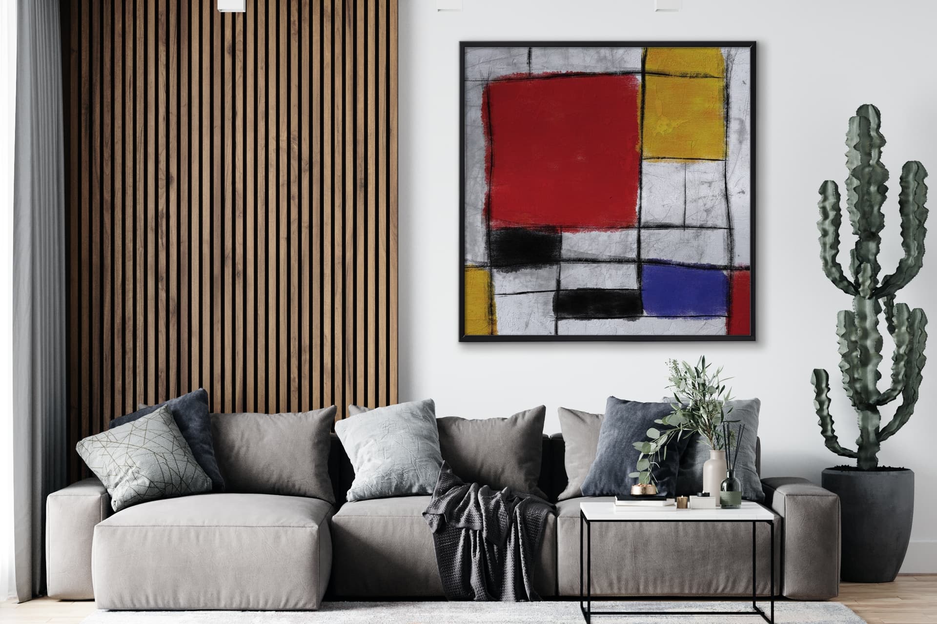 ÇERÇEVELİ AHŞAP TRAVERTEN DOKULU MODERN MONDRİAN