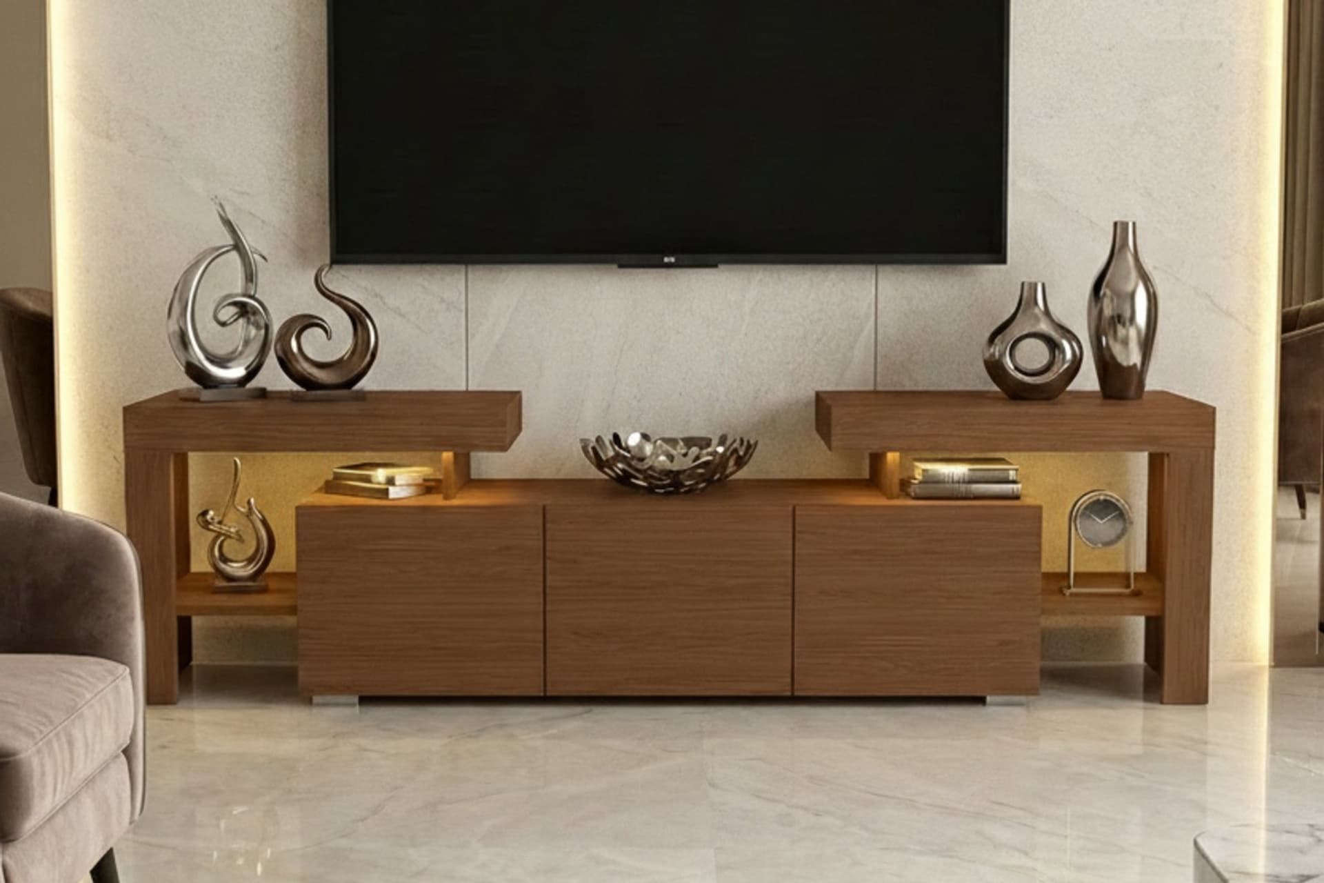 YAGMUR LEDLİ TV ÜNİTESİ, CEVİZ, 200 CM